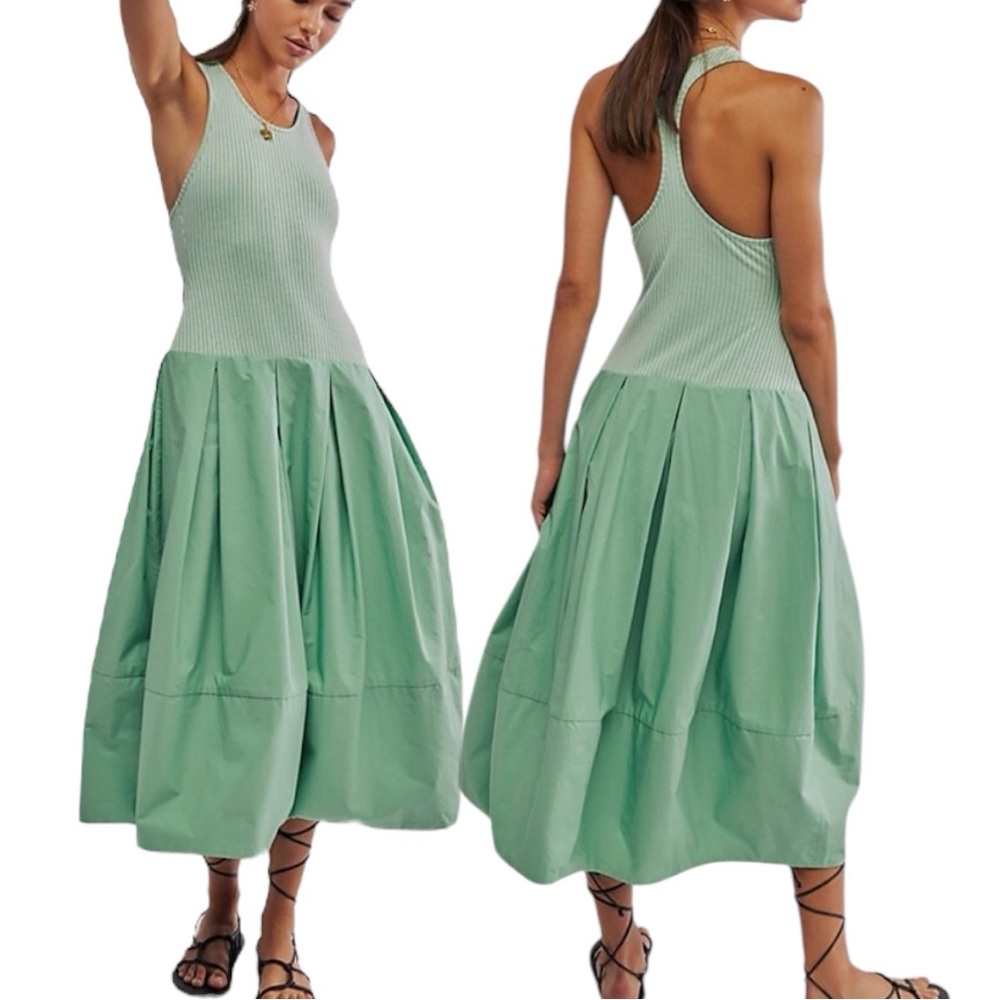 Free People Drop Of Venus Midi Mix Media Dress Bubble Skirt Green w pockets Sz S